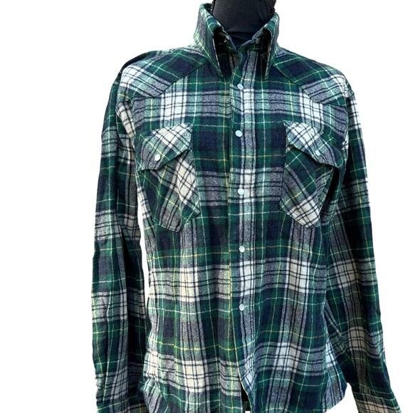 Vintage 1970 Saturdays in California Men Wool Shirt Blue Green Plaid Size Med - Picture 2 of 12